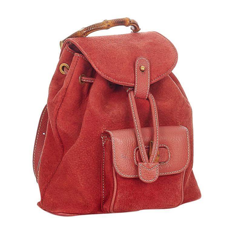 Pre Owned Gucci Red Suede Bamboo Suede Backpack