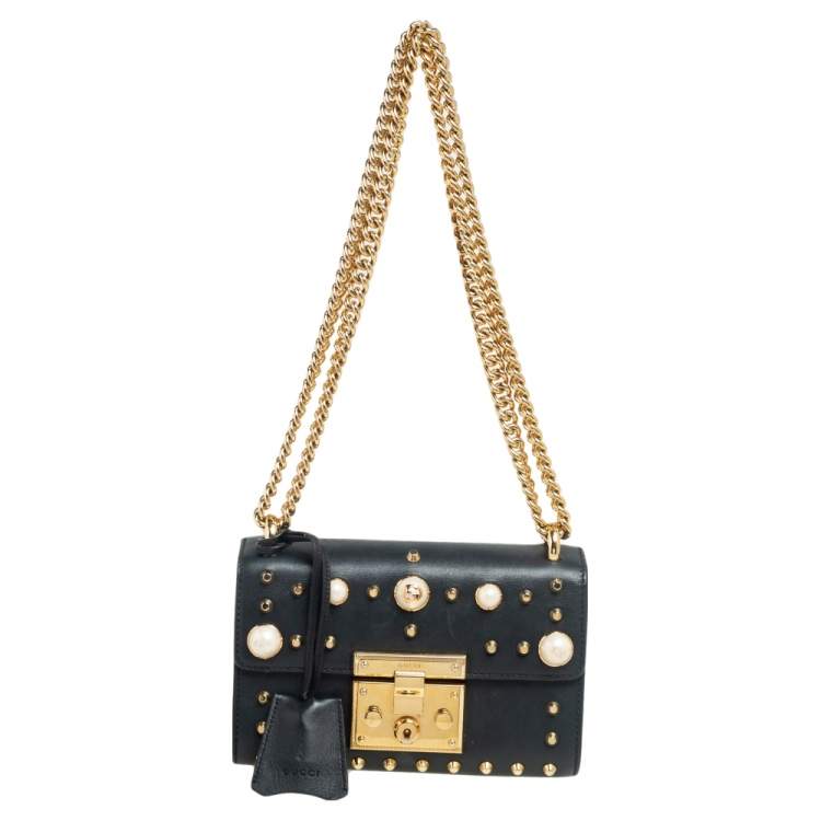 Gucci Black Leather Small Pearl Studded Padlock Shoulder Bag Gucci