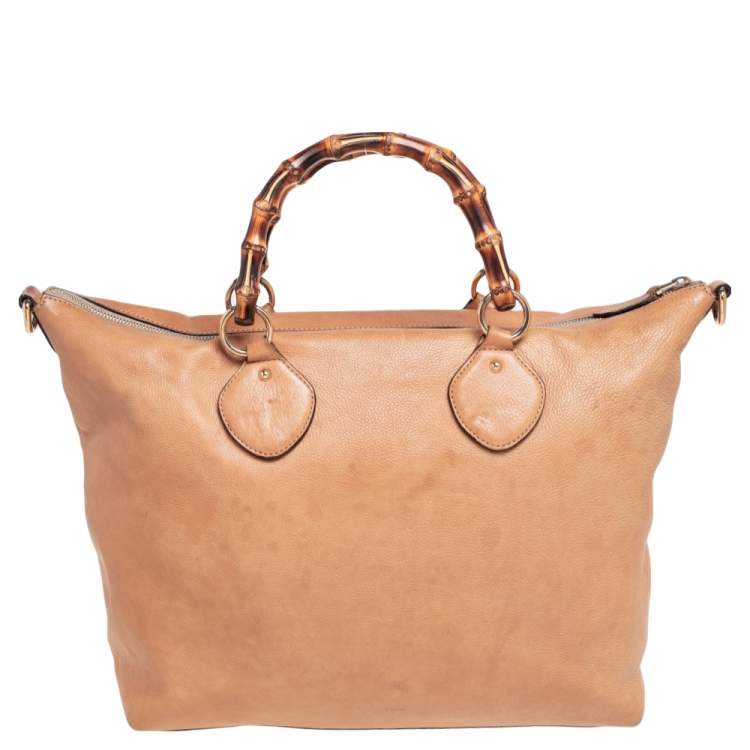 Pre Owned Gucci Beige Leather Medium Bamboo Shopper Tote
