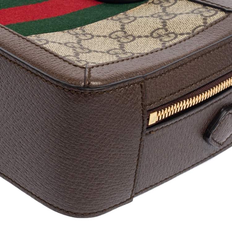 Pre Owned Gucci Beige/Ebony GG Supreme Canvas and Leather Mini Ophidia Shoulder Bag