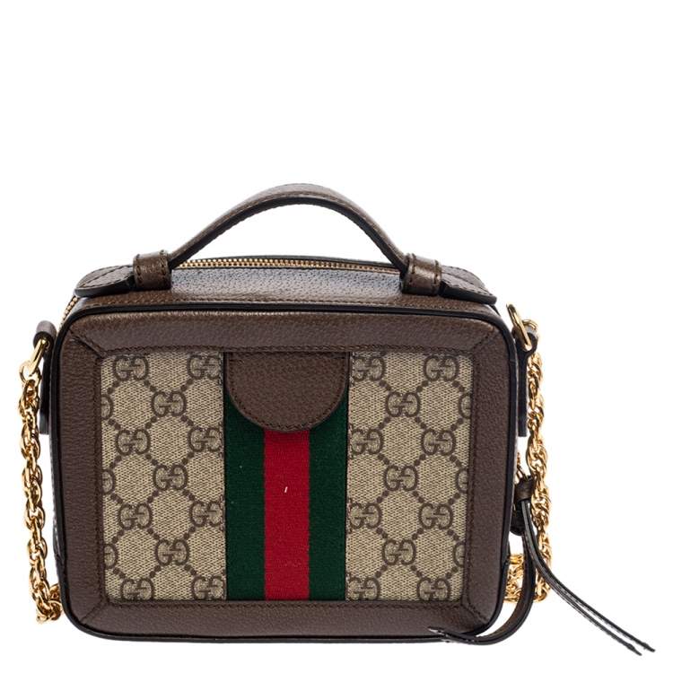 Pre Owned Gucci Beige/Ebony GG Supreme Canvas and Leather Mini Ophidia Shoulder Bag