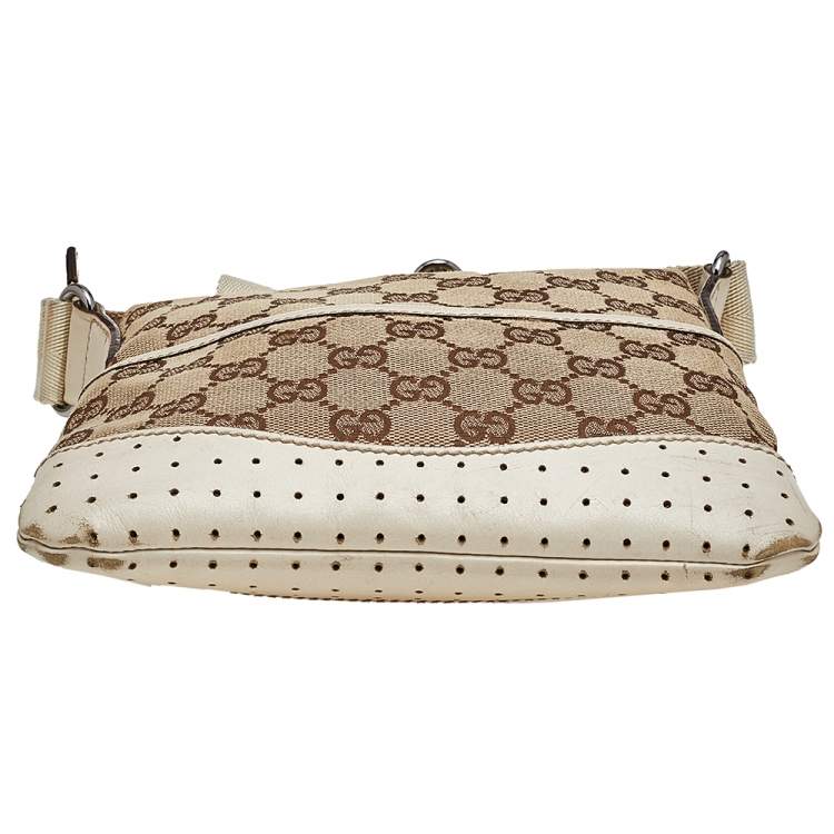 Pre Owned Gucci Beige/White GG Signature Canvas And Perforated Leather Messenger Bag