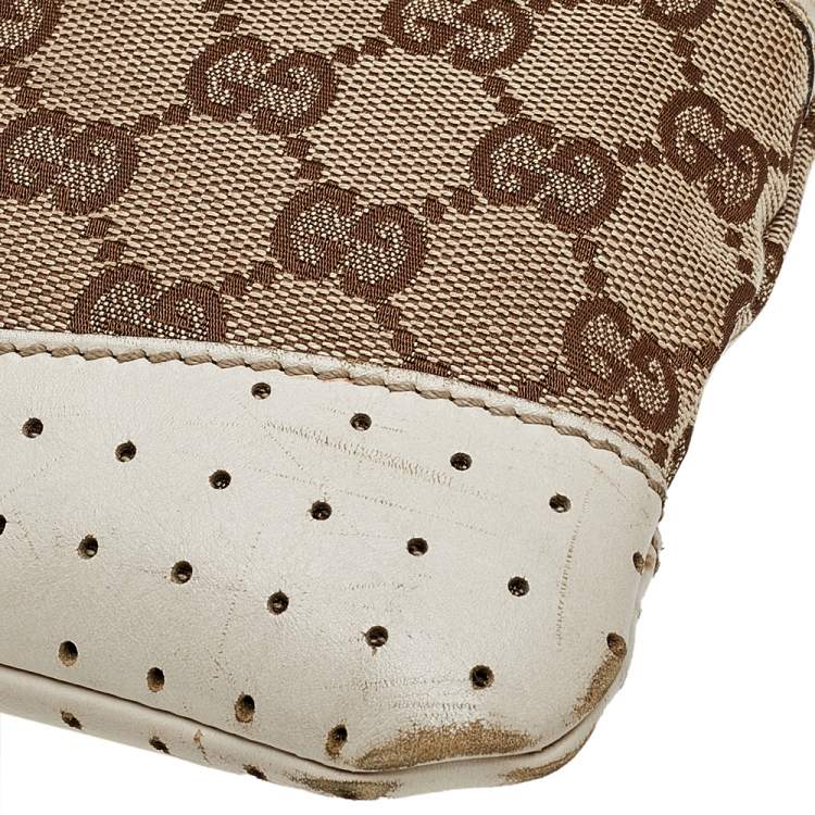 Pre Owned Gucci Beige/White GG Signature Canvas And Perforated Leather Messenger Bag