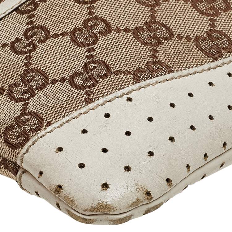 Pre Owned Gucci Beige/White GG Signature Canvas And Perforated Leather Messenger Bag