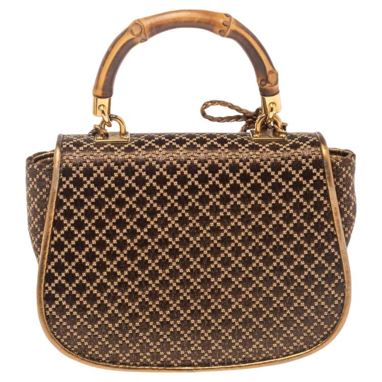 Pre Owned Gucci Metallic Gold/Brown Diamante Fabric Bamboo Top Handle Bag