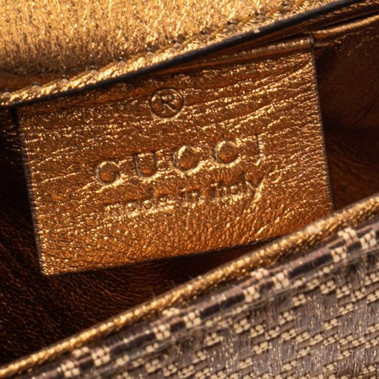 Pre Owned Gucci Metallic Gold/Brown Diamante Fabric Bamboo Top Handle Bag