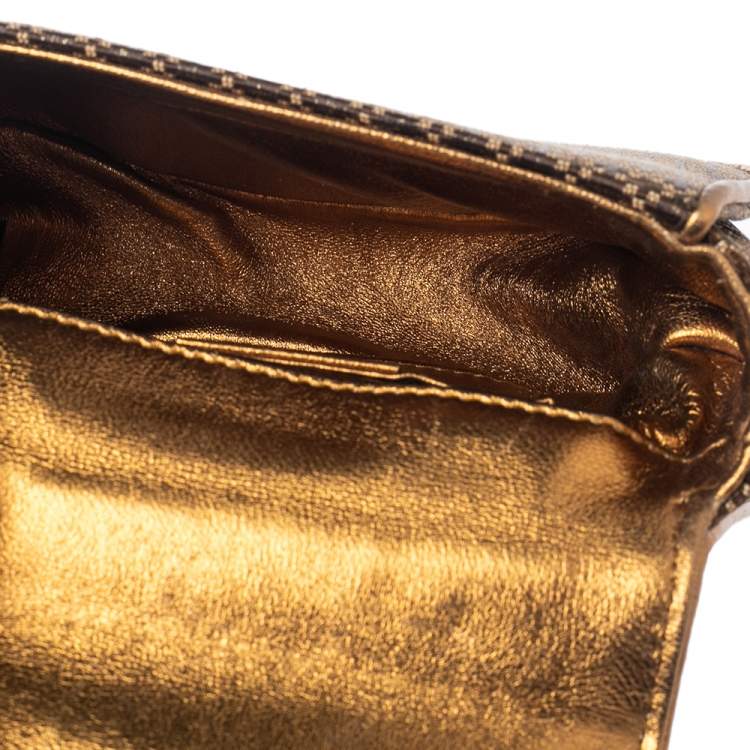 Pre Owned Gucci Metallic Gold/Brown Diamante Fabric Bamboo Top Handle Bag