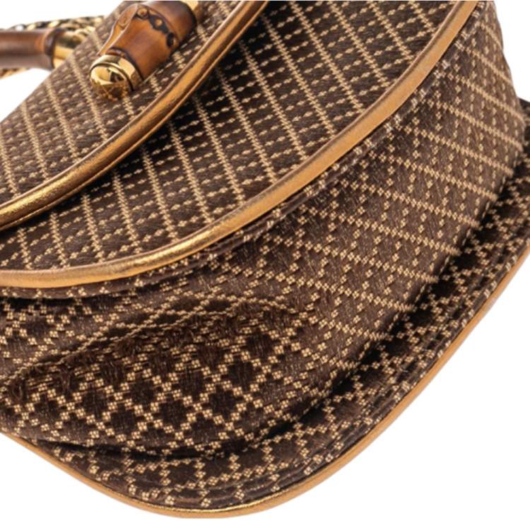 Pre Owned Gucci Metallic Gold/Brown Diamante Fabric Bamboo Top Handle Bag