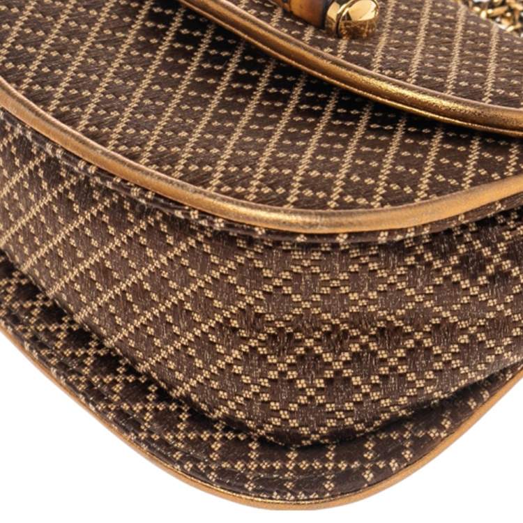 Pre Owned Gucci Metallic Gold/Brown Diamante Fabric Bamboo Top Handle Bag