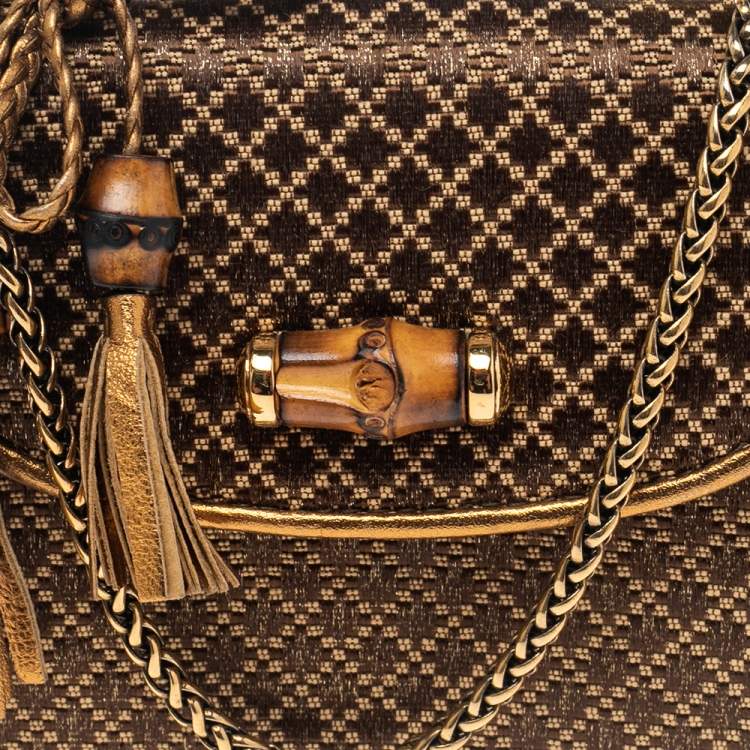 Pre Owned Gucci Metallic Gold/Brown Diamante Fabric Bamboo Top Handle Bag