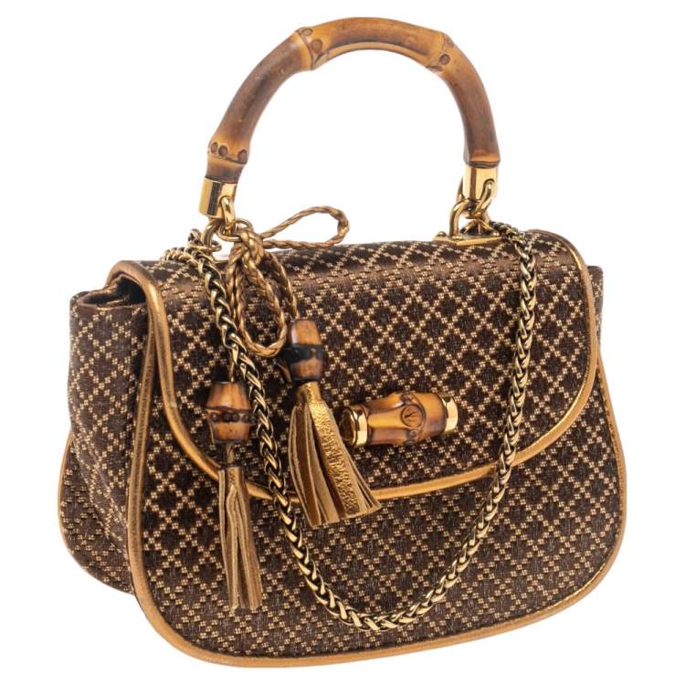 Pre Owned Gucci Metallic Gold/Brown Diamante Fabric Bamboo Top Handle Bag