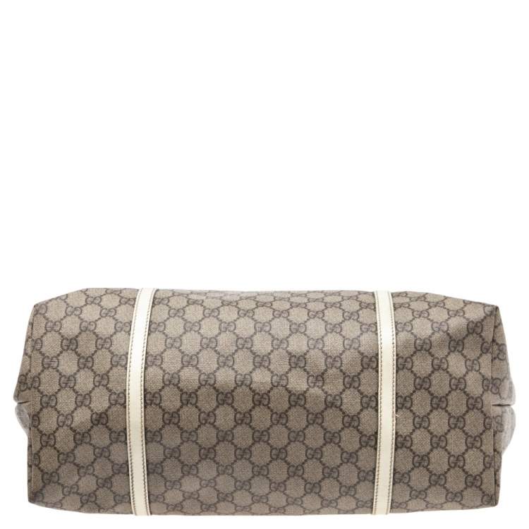 Pre Owned Gucci White/Beige GG Supreme Canvas and Patent Leather Large Joy Tote 