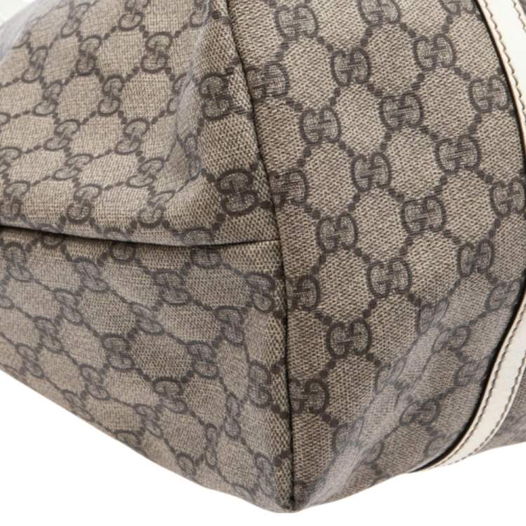 Pre Owned Gucci White/Beige GG Supreme Canvas and Patent Leather Large Joy Tote 