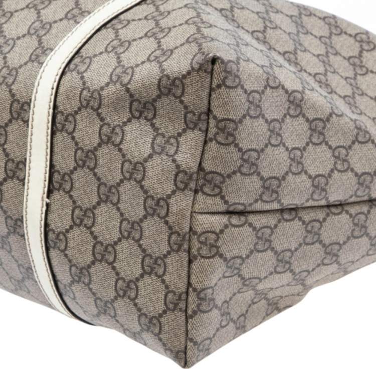 Pre Owned Gucci White/Beige GG Supreme Canvas and Patent Leather Large Joy Tote 