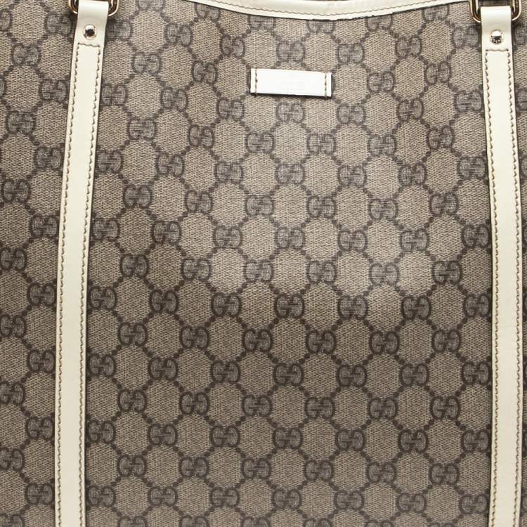 Pre Owned Gucci White/Beige GG Supreme Canvas and Patent Leather Large Joy Tote 