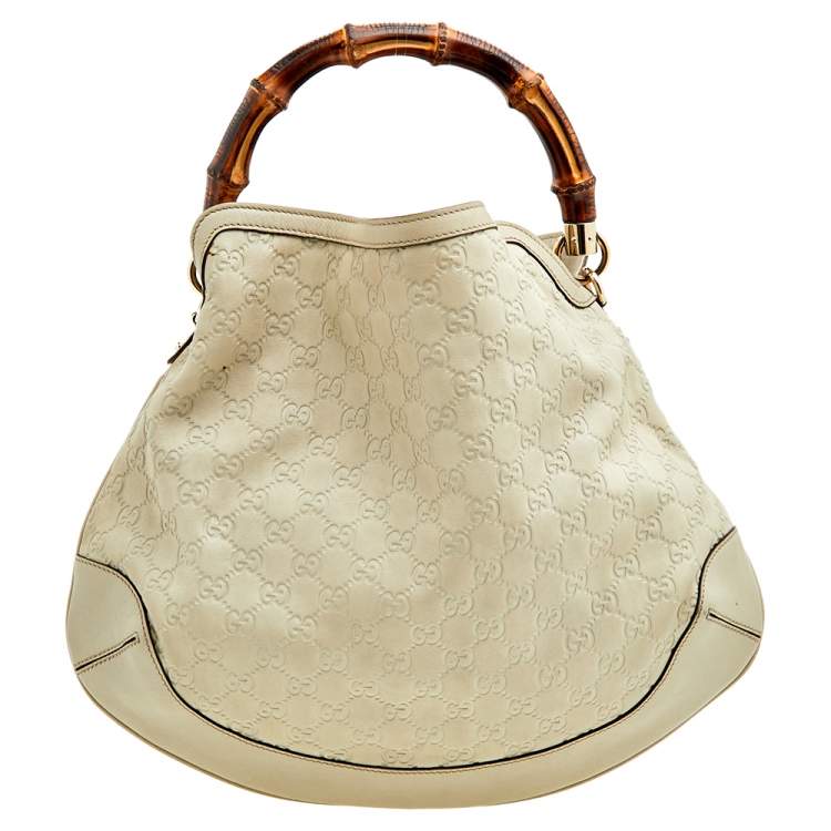 مملوكة مسبقًا Gucci Off White Guccissima Leather Peggy Bamboo Top Handle Bag