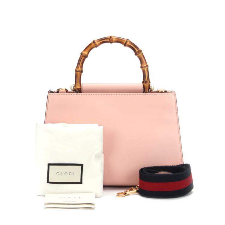 Pre Owned Gucci Pink Calfskin Leather Bamboo Nymphaea Medium Shoulder Bag