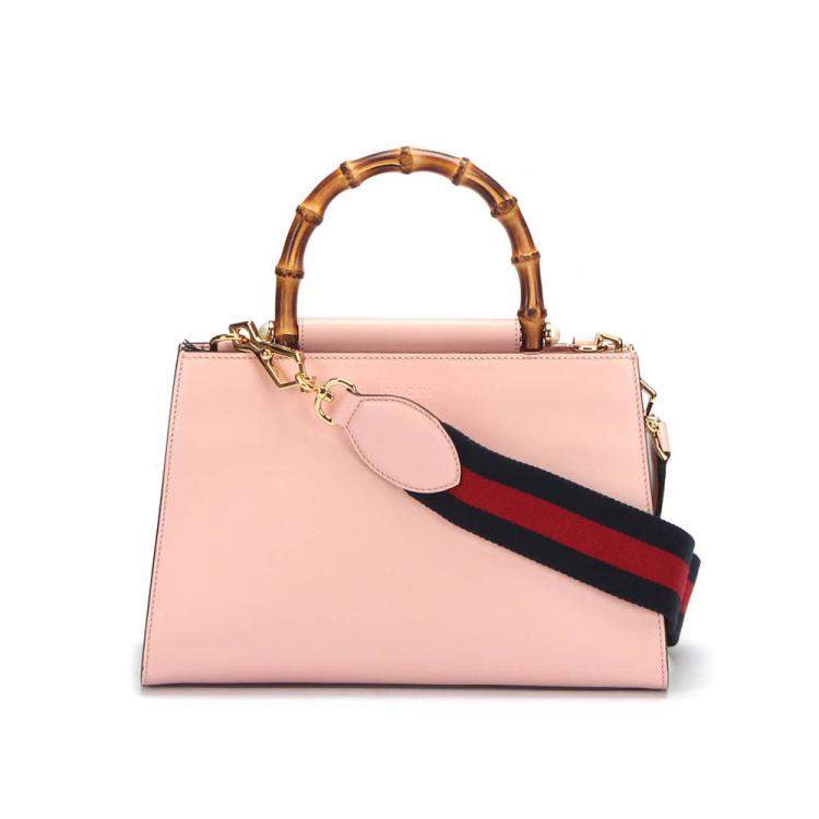 Pre Owned Gucci Pink Calfskin Leather Bamboo Nymphaea Medium Shoulder Bag