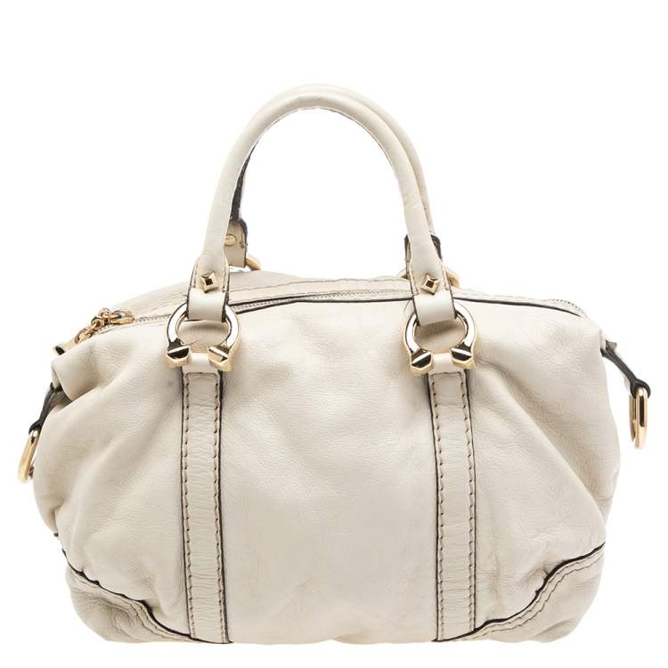 Pre Owned Gucci Off White Leather Equestrian Horseshoe Satchel