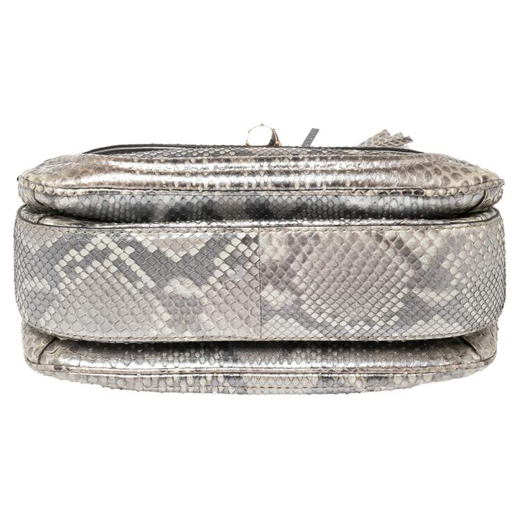 Pre Owned Gucci Metallic Grey Python Medium Tassel New Bamboo Top Handle Bag