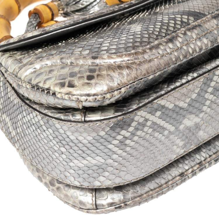 Pre Owned Gucci Metallic Grey Python Medium Tassel New Bamboo Top Handle Bag