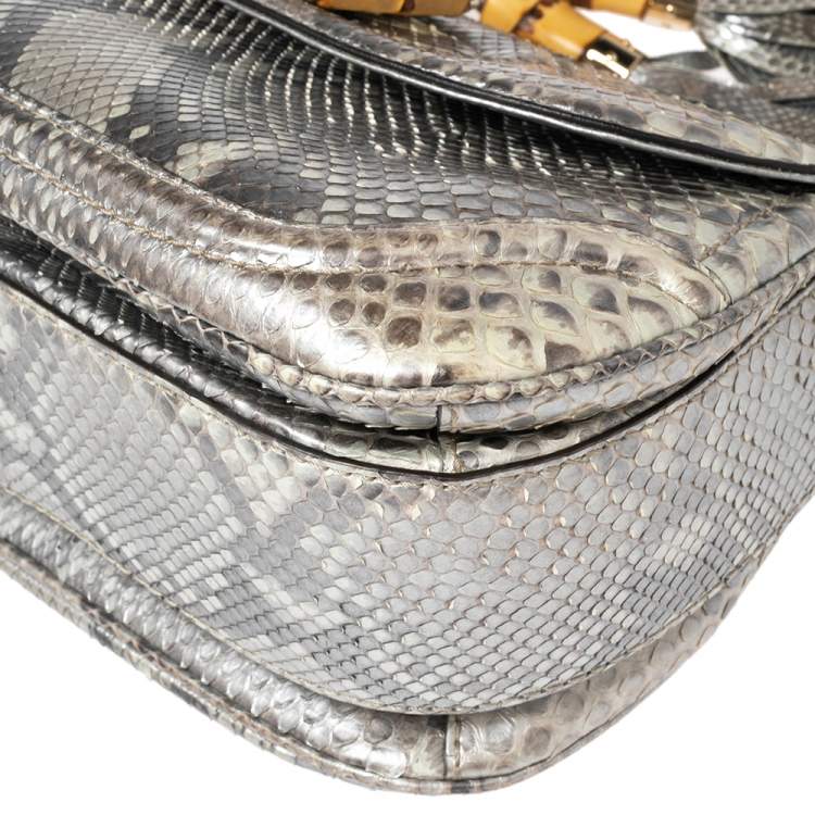 Pre Owned Gucci Metallic Grey Python Medium Tassel New Bamboo Top Handle Bag