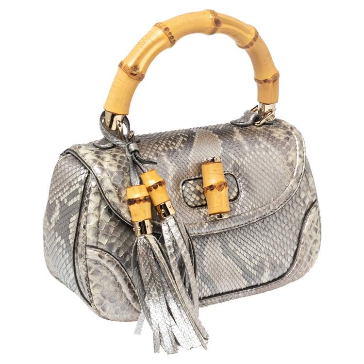 Pre Owned Gucci Metallic Grey Python Medium Tassel New Bamboo Top Handle Bag