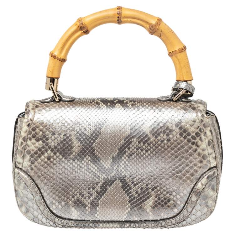 Pre Owned Gucci Metallic Grey Python Medium Tassel New Bamboo Top Handle Bag