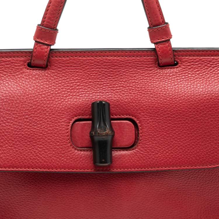 Pre Owned Gucci Red Leather Small Bamboo Daily Top Handle Bag