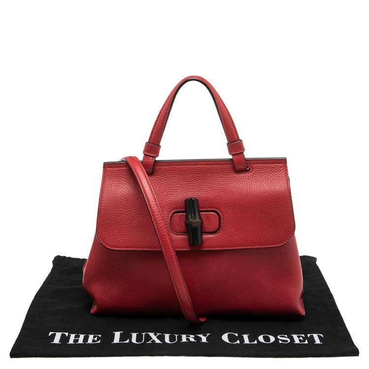 Pre Owned Gucci Red Leather Small Bamboo Daily Top Handle Bag