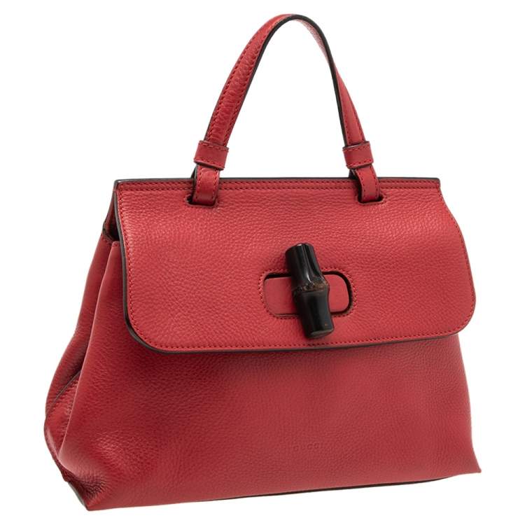 Pre Owned Gucci Red Leather Small Bamboo Daily Top Handle Bag