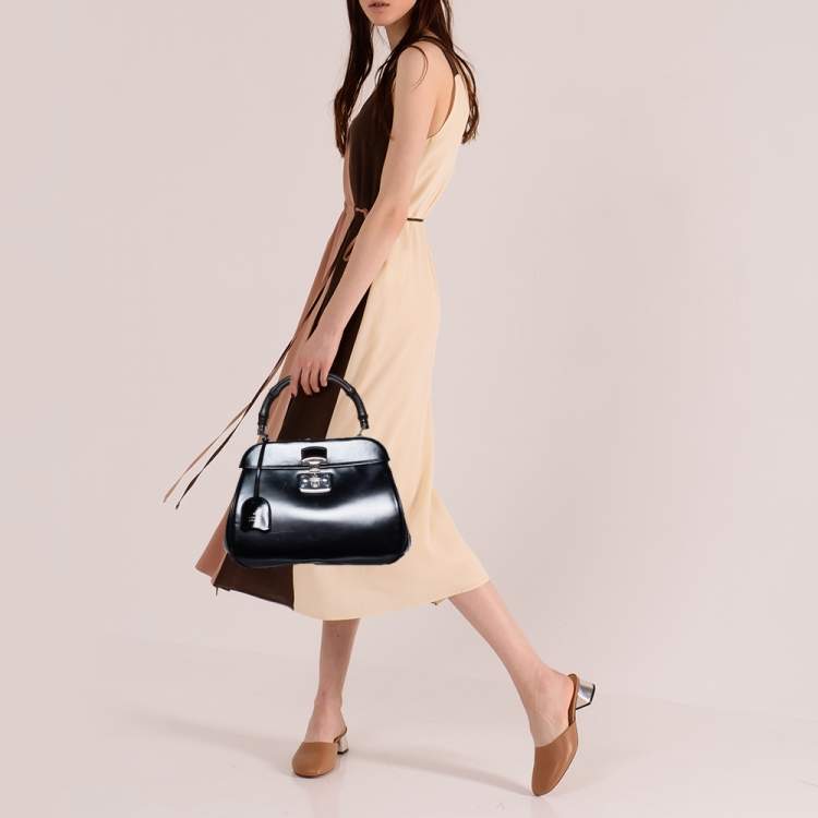 Pre Owned Gucci Black Glossy Leather Medium Lady Lock Top Handle Bag