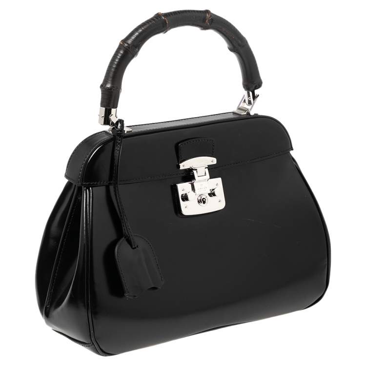 Pre Owned Gucci Black Glossy Leather Medium Lady Lock Top Handle Bag
