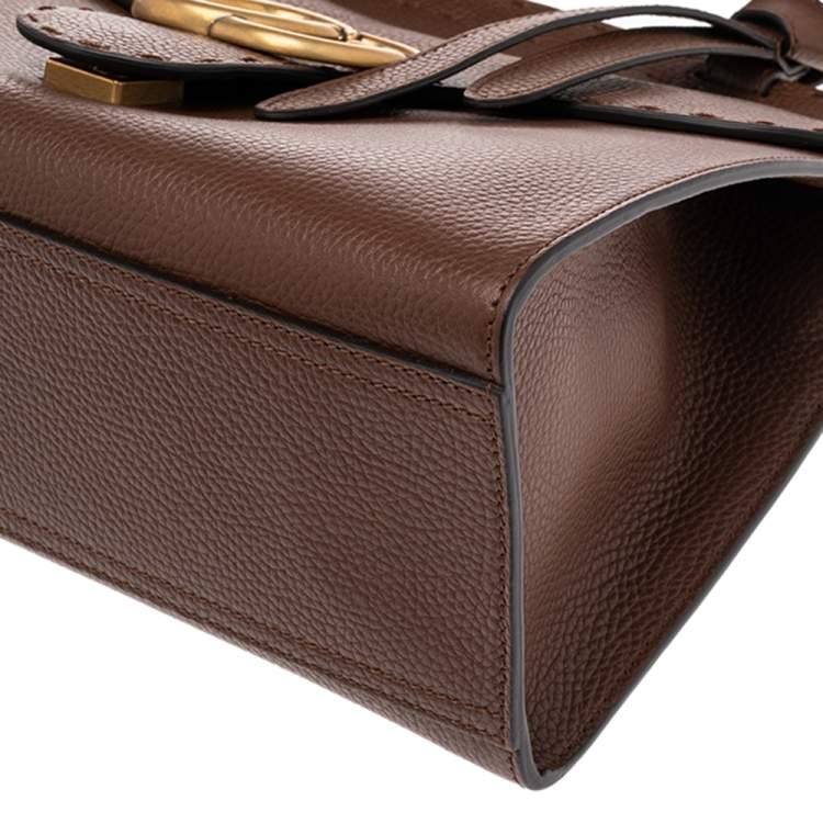 Pre Owned Gucci Brown Grained Leather Small GG Marmont Top Handle Bag
