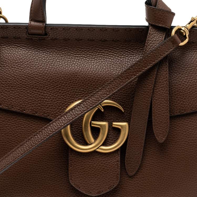 Pre Owned Gucci Brown Grained Leather Small GG Marmont Top Handle Bag