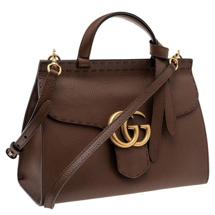 Pre Owned Gucci Brown Grained Leather Small GG Marmont Top Handle Bag