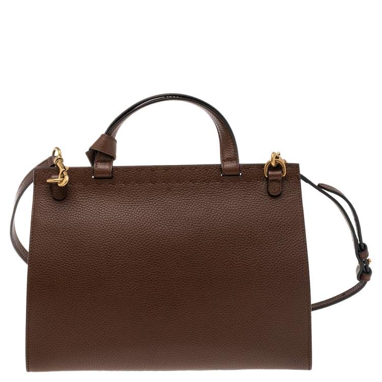 Pre Owned Gucci Brown Grained Leather Small GG Marmont Top Handle Bag