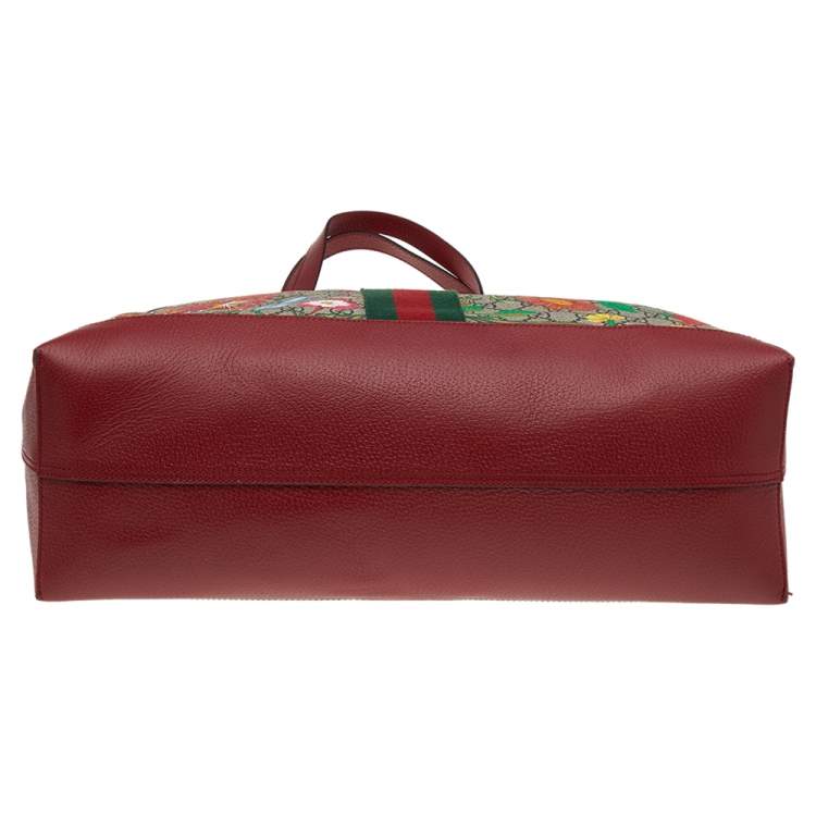 Pre Owned Gucci Red/Beige Leather And Coated Canvas Web GG Supreme Flora Printed Ophidia Tote