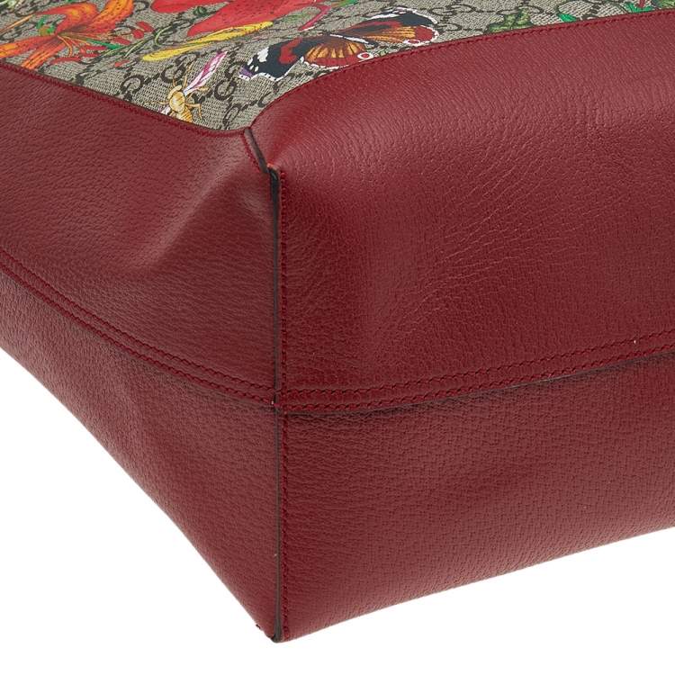 Pre Owned Gucci Red/Beige Leather And Coated Canvas Web GG Supreme Flora Printed Ophidia Tote