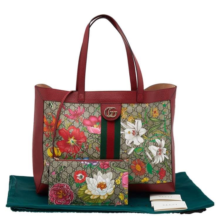 Pre Owned Gucci Red/Beige Leather And Coated Canvas Web GG Supreme Flora Printed Ophidia Tote