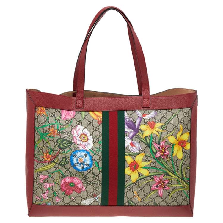 Pre Owned Gucci Red/Beige Leather And Coated Canvas Web GG Supreme Flora Printed Ophidia Tote