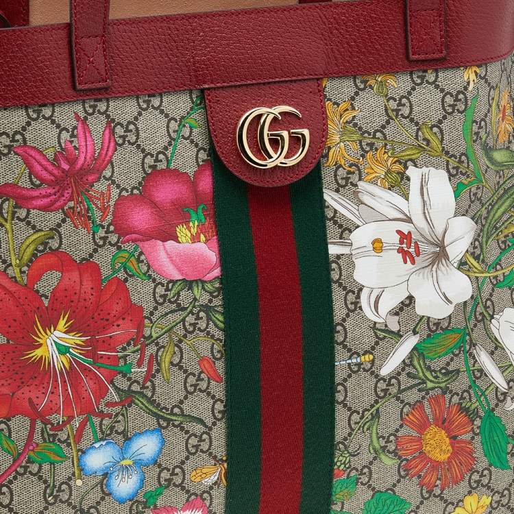 Pre Owned Gucci Red/Beige Leather And Coated Canvas Web GG Supreme Flora Printed Ophidia Tote