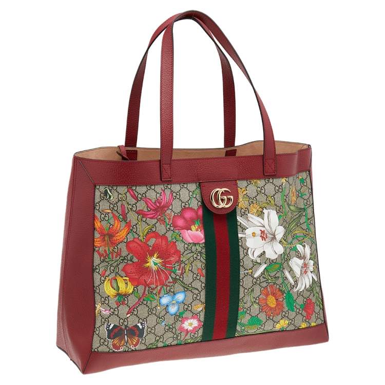 Pre Owned Gucci Red/Beige Leather And Coated Canvas Web GG Supreme Flora Printed Ophidia Tote