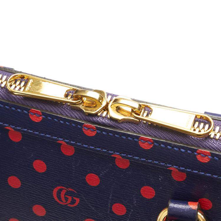 Pre Owned Gucci Blue Leather Horsebit 1955 Polka Dot Top Handle Bag