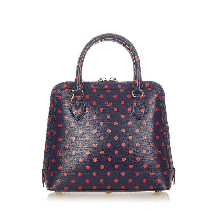 Pre Owned Gucci Blue Leather Horsebit 1955 Polka Dot Top Handle Bag