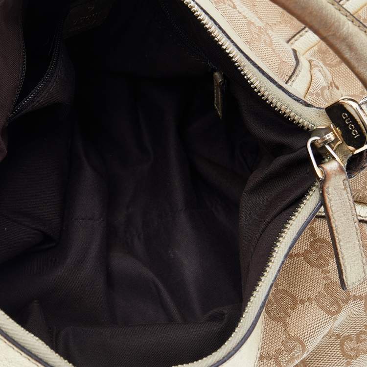 Pre Owned Gucci Beige/Gold GG Canvas And Leather D Ring Hobo