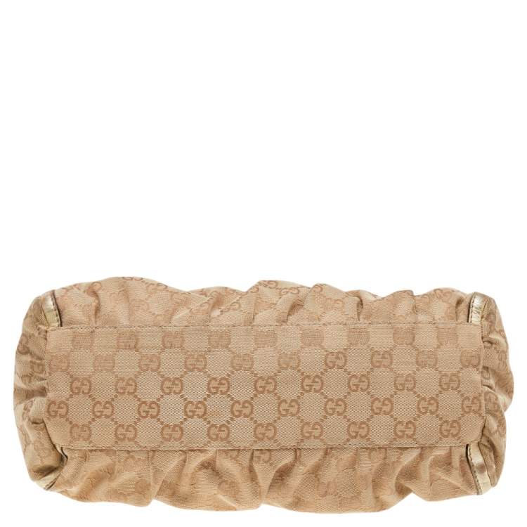 Pre Owned Gucci Beige/Gold GG Canvas And Leather D Ring Hobo
