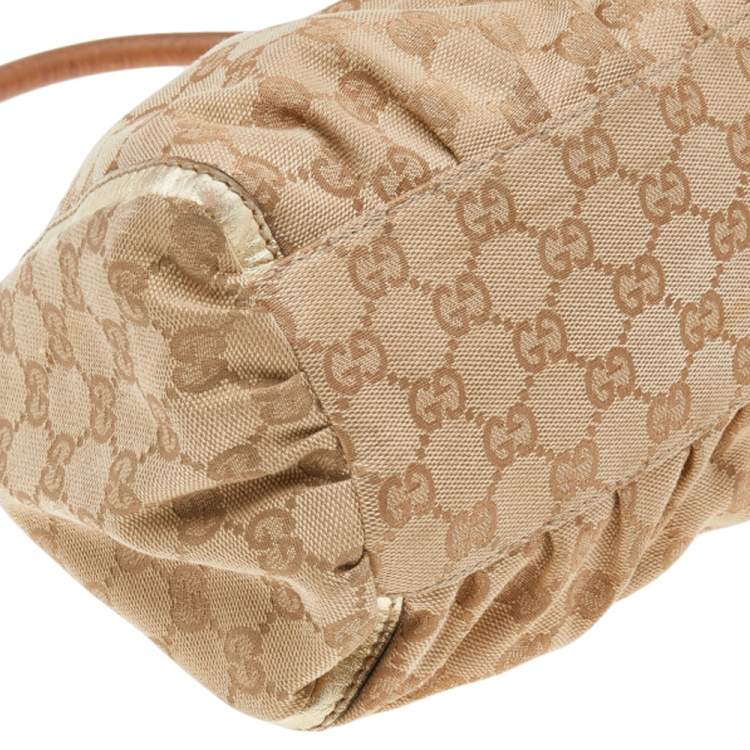 Pre Owned Gucci Beige/Gold GG Canvas And Leather D Ring Hobo