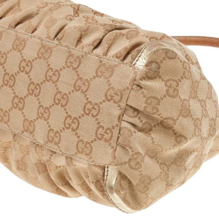 Pre Owned Gucci Beige/Gold GG Canvas And Leather D Ring Hobo