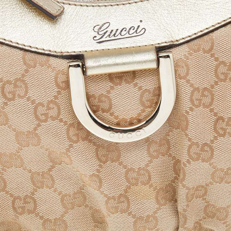 Pre Owned Gucci Beige/Gold GG Canvas And Leather D Ring Hobo